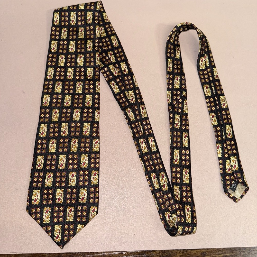 Valentino Rudy Italy 100%Silk Tie Black Paisley Geometric Vintage‎ Designer